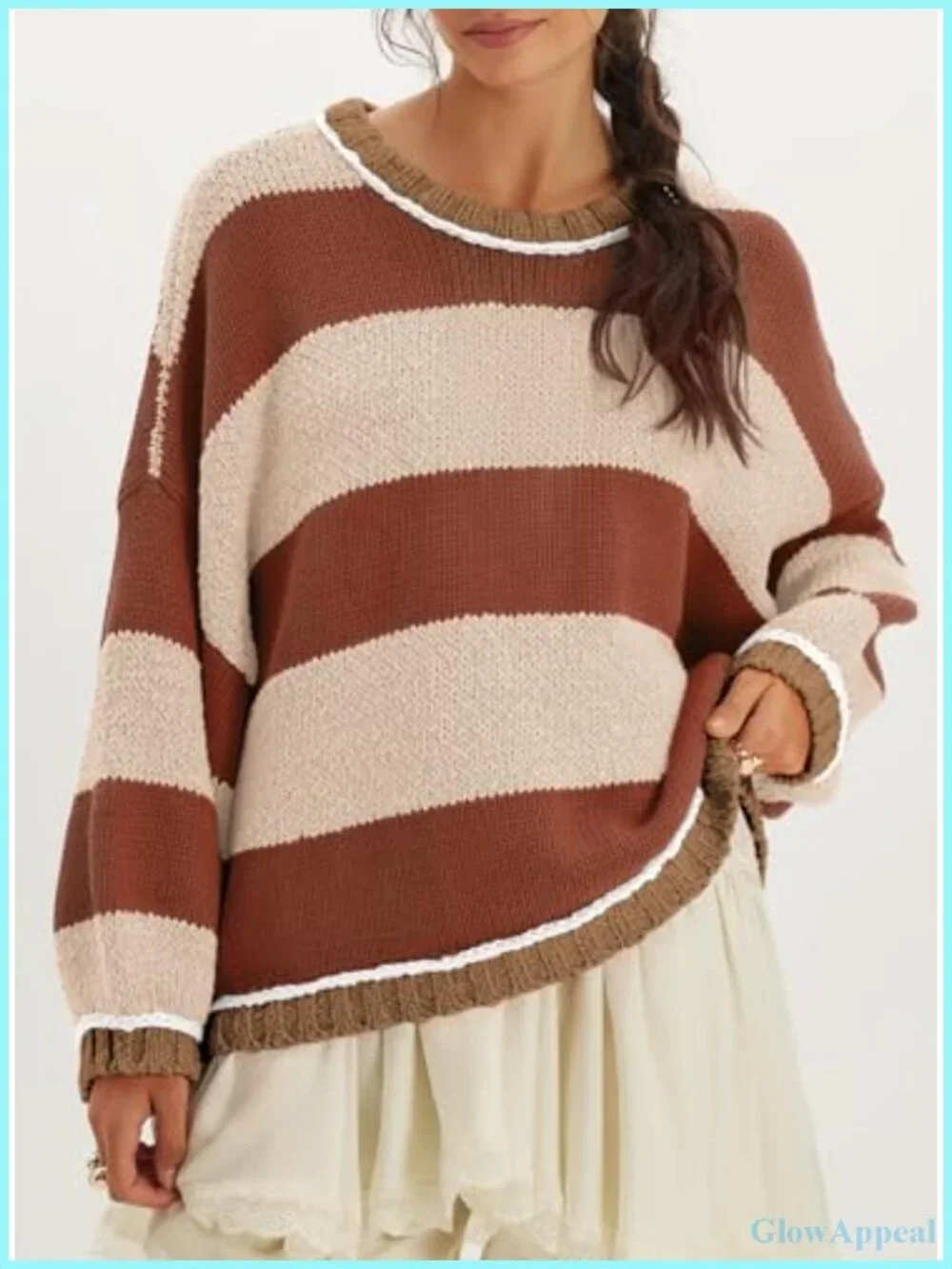 Oversized Striped Chunky Knit Crewneck Sweater Pullover